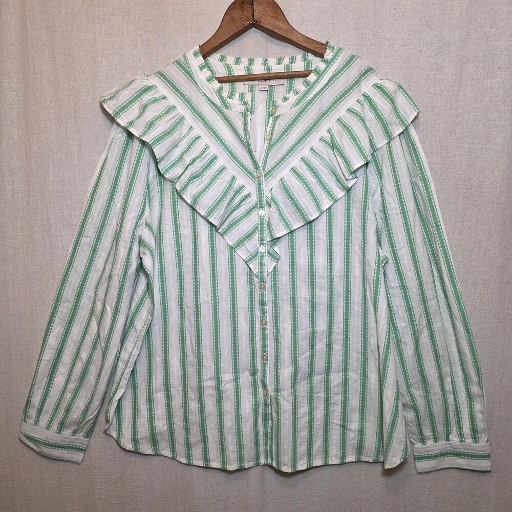 LOFT Blouse Green White Striped Ruffle Yoke Dobby Cotton Preppy Feminine XL